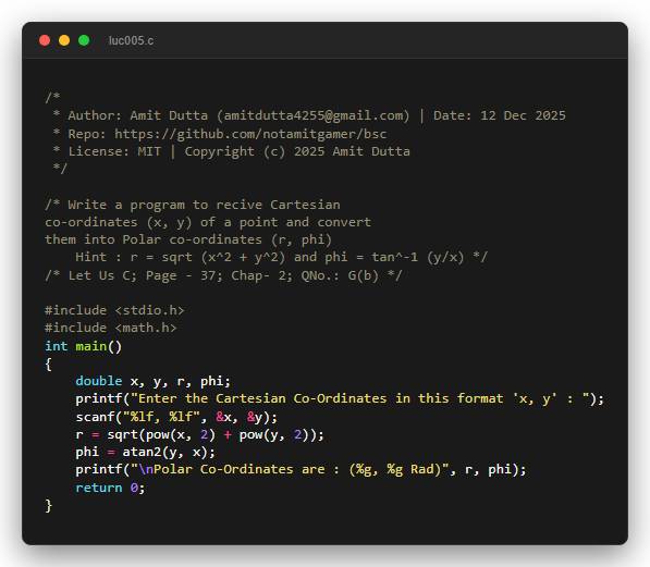 Write a program to recive Cartesian co-ordinates (x, y) of a point and convert them into Polar co-ordinates (r, phi) Hint : r = sqrt (x^2 + y^2) and phi = tan^-1 (y/x)